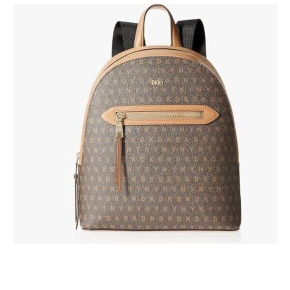 DKNY Chelsea logo faux-leather women's medium backpack - BROWN/TAN - Picture 1 of 13